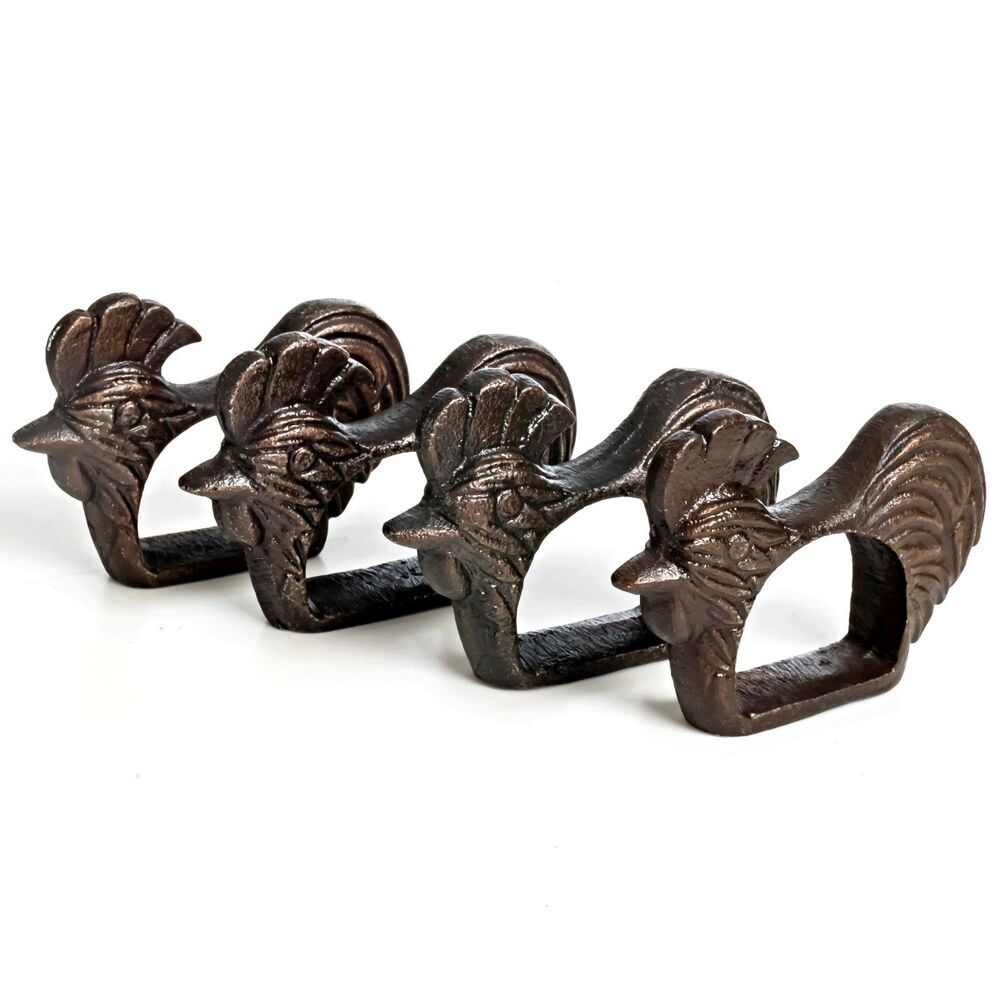 Set of 4 Vintage Cast Iron Rooster Napkin Rings